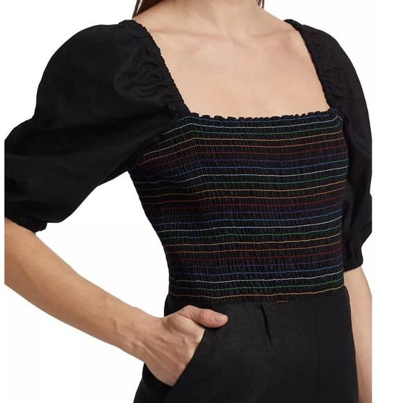 SOMETHING NAVY Rainbow Smocked Linen Blend Jumpsuit Puff Sleeve Size XS - Picture 2 of 9